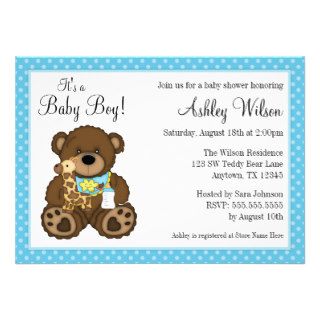 Baby Bear Blue Polka Dots Boy Baby Shower Personalized Invitation