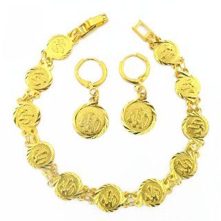 18K Gold Plated Allah Islamic Bracelet and Matching Dangle Earrings Muslim Religious Spiritual Jewelry