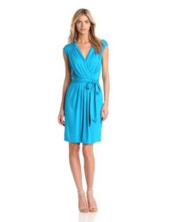 Three Dots Women's Cap Sleeve Faux Wrap Dress With Tie, Bright Teal, X Large