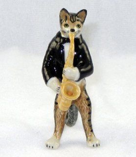 CAT Tiger Grey n TUX Musician plays SAXAPHONE MINIATURE New Porcelain Figurine KLIMA L657B   Collectible Figurines