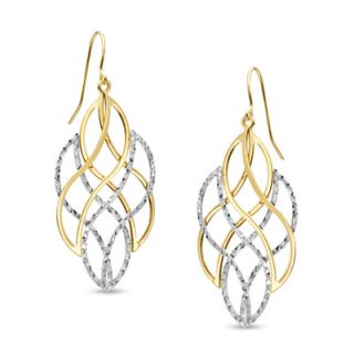 Two Tone Diamond Cut Swirl Drop Earrings 14K Gold and Sterling Silver