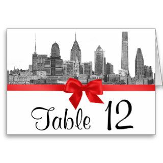 Philadelphia Skyline Etch BW Red Table Number Greeting Cards