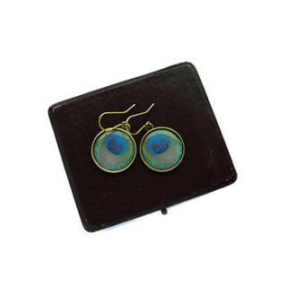 handmade blue and green peacock charm earrings by hoolala
