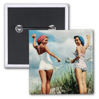 Vintage Retro Women 60s Surfing Beach Girls Pinback Button