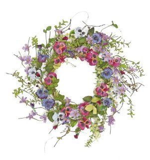 Pansy and Wild Flower Wreath, 22"   Artificial Mixed Flower Arrangements