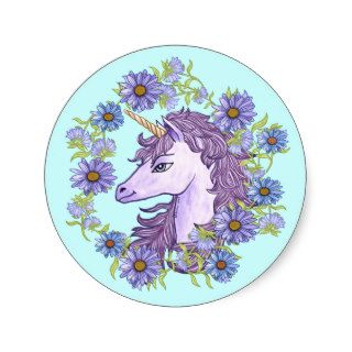 Unicorn Blue Daisies Round Stickers