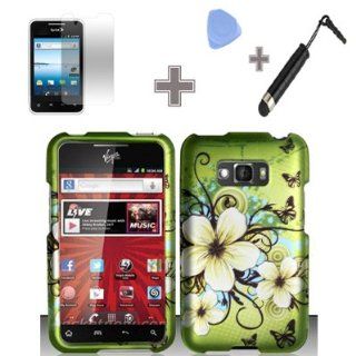 Rubberized Hawaiian Flower Snap on Design Hard Case with Screen Protector Film,Case Opener and Stylus Pen for Sprint LG Optimus Elite LS696   Green Cell Phones & Accessories