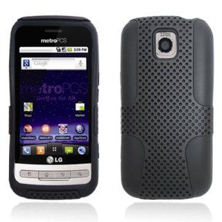 FOR LG OPTIMUS M MS690 PERFORATED HYBRID 2 IN 1, BLACK+BLACK Cell Phones & Accessories