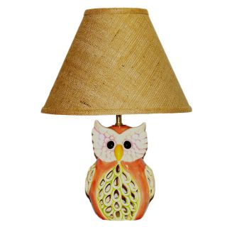 Peach/ Green Owl Lamp With Brown Burlap Shade