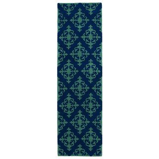 Runway Navy/ Emerald Damask Hand tufted Wool Rug (23 X 8)