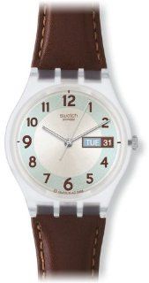 Swatch Men's CORE COLLECTION GE704 Brown Leather Quartz Watch with White Dial Swatch Watches