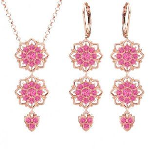 European Inspired Floral Jewelry Set Pendant and Earrings by Lucia Costin with Dots and Pink Swarovski Crystals, Accented with 3 Dangle Stones; 24K Pink Gold Plated over .925 Sterling Silver Lucia Costin Jewelry