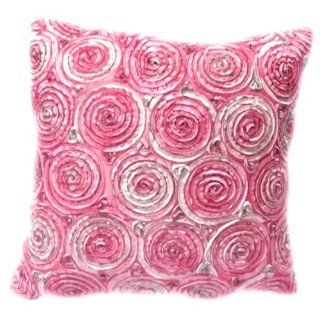 (Single) Two Tone 3d Bouquet of Pink Roses Throw Cushion Cover/pillow Sham Handmade By Satin and Thai Silk for Decorative Sofa, Car and Living Room Size 16 X 16 Inches  