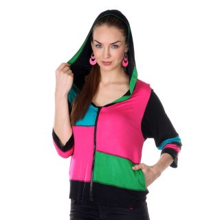 Womens Pink/ Green Colorblock 3/4 length Sleeve Hooded Jacket