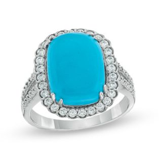 Cushion Cut Turquoise and White Topaz Ring in Sterling Silver   Size 7