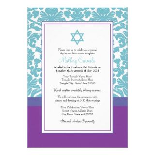 Damask Bat Mitzvah Teal and Purple Swirls Custom Invitations