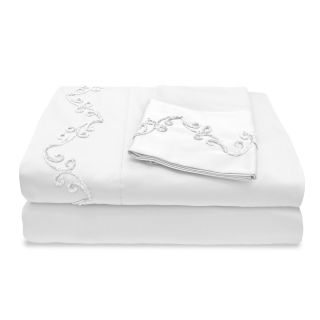 Veratex Grand Luxe 500 Thread Count Egyptian Cotton Deep Pocket Sheet Set With Chenille Embroidered Scroll Design White Size Twin
