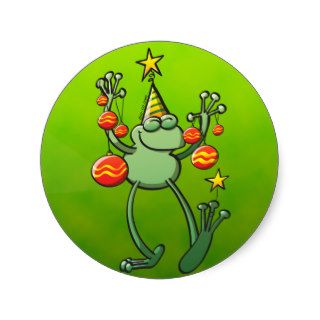 Green Frog Celebrating with Christmas Baubles Round Sticker