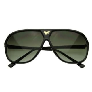 zeroUV   Large Retro Stunner Plastic Aviator Sunglasses w/ Mustang Horse Logo (Black) Shoes