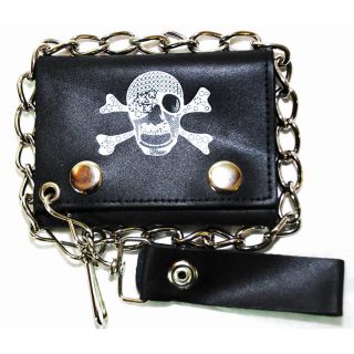 Hollywood Tag Pirate Skull With Bandana Leather Tri fold Chain Wallet