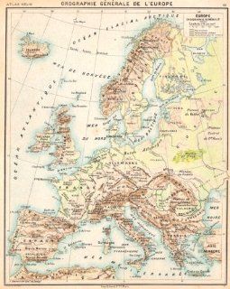 EUROPE Orographie Gnrale de L'Europe, 1900 antique map   Wall Maps