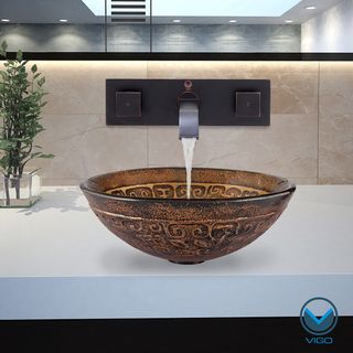 Vigo Golden Greek Glass Vessel Sink And Titus Antique Rubbed Bronze Wall Mount Faucet Set