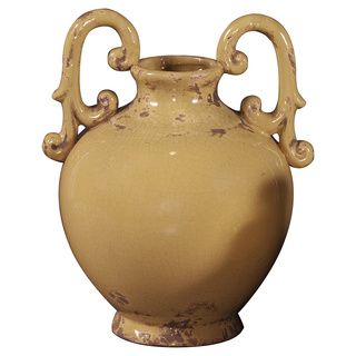 Antique Pale Yellow Glaze Ceramic Urn With Handles