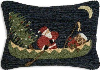 Santa Christmas Canoe Hooked Lodge Camping 100% Wool Handmade Holiday Pillow. 14" x 20".   Throw Pillows