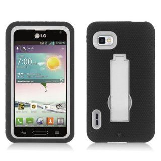 For LG Optimus F3/LS720 (Sprint/Vigin Mobile) Layer Case, 3 in 1 w/Stand Black Skin+White Cover Cell Phones & Accessories