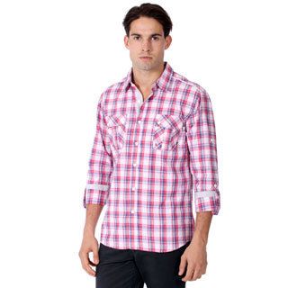 191 Unlimited Mens Slim Fit Pink Plaid Woven Shirt