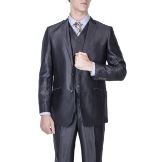Mens Black Shiny 2 button Slim fit Vested Suit