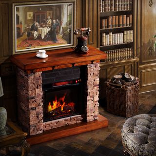 Sirio Stacked Faux Stone/ Oak Electric Flame Fireplace