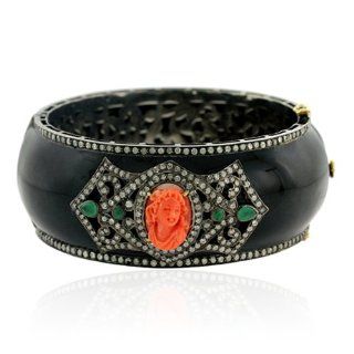 18kt Gold Enamel Diamond Pave Coral & Emerald Bangle Bracelet Antique Style Jewelry Jewelry