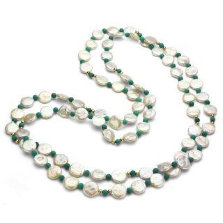 14k Yellow Gold 10 11mm White Coin Freshwater Pearl with 24pcs 3mm Yellow Gold Beads and 4mm Round Green Magnesite Endless Necklace 48" Length. Pearl Strands Jewelry