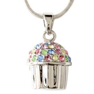Silver with Multi Colored Crystal Rhinestones Cupcake Charm Pendant Necklace Fashion Jewelry Cupcake Gifts Jewelry