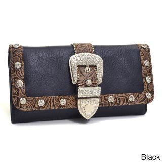 Rhinestone Embellished Buckle Western Wallet With Floral Texture Trim
