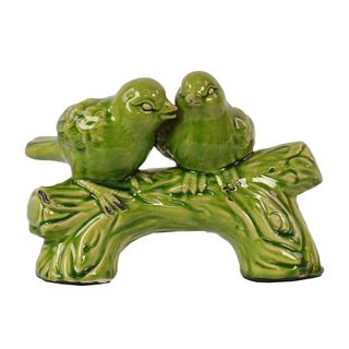 Green Ceramic Birds On A Stump Sculpture