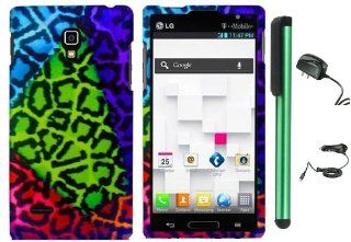 LG Optimus L9 P769   Irregular Shape Colorful Leopard Premium Design Protector Hard Cover Case (T Mobile) + Luxmo Brand Travel (Wall) Charger & Car Charger + Combination 1 of New Metal Stylus Touch Screen Pen (4" Height, Random Color  Black, Silve