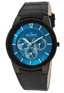 Skagen 856XLBLN  Watches,Mens Blue Dial Black Genuine Leather, Casual Skagen Quartz Watches