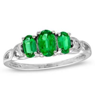 Oval Lab Created Emerald and Diamond Accent Three Stone Ring in 10K