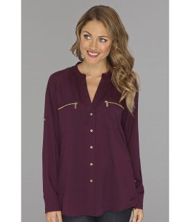 Calvin Klein Zipper Roll Poly CDC Sleeve Womens Blouse (Purple)