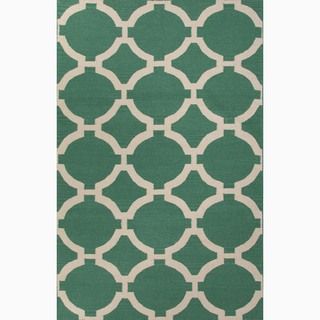 Hand made Geometric Pattern Green/ Ivory Wool Rug (3.6x5.6)