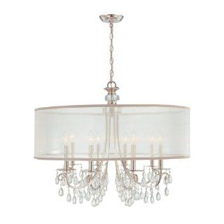 5628 CH Hampton 8LT Pendant, Polished Chrome Finish and Silver Silk Fabric Shade with Clear Smooth Crystal Drops   Wall Sconces  