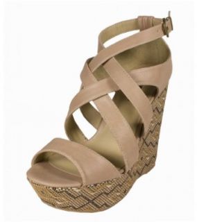 Ascent By Soda Strappy Gladiator Inspired Sandals with Tribal Printed Platform Wedge in Blush Leatherette Wedges Sandals Women Shoes