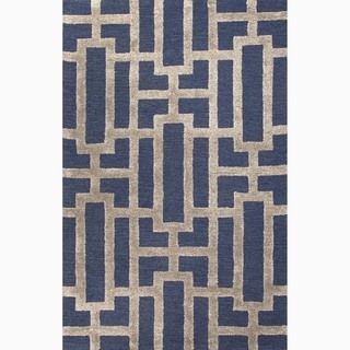 Hand made Geometric Pattern Blue/ Tan Wool/ Art Silk Rug (2x3)