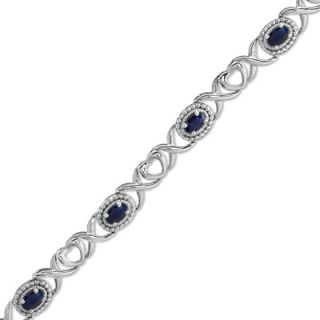Oval Sapphire Heart and X Link Bracelet in Sterling Silver   7.25