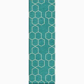 Hand made Geometric Pattern Blue/ Ivory Wool Rug (2.6x8)