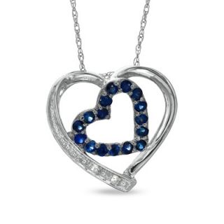 Sapphire and Diamond Accent Double Heart Pendant in 10K White Gold