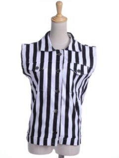 Anna Kaci S/M Fit Black and White All Over Referee Inspired Vertical Stripes Top Blouses