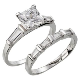 White Cubic Zirconia Square/Baguette Set Silver Plated Ring   Size 8